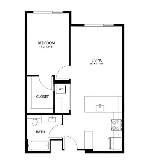 A black and white image of a floor plan for a bedroom, living room, closet, and bathroom.